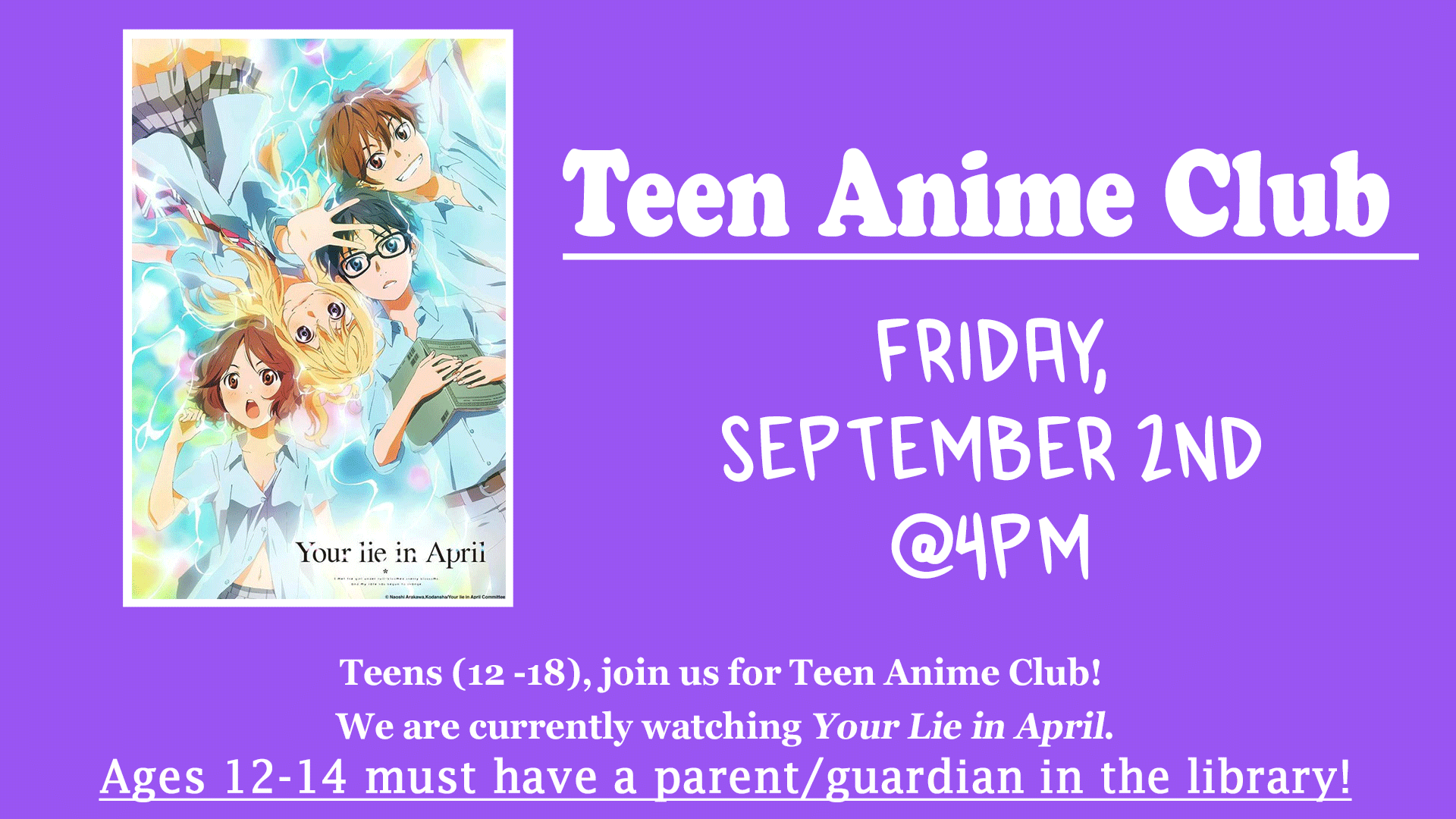 Teen Anime Club is September 2nd at 4:00pm!