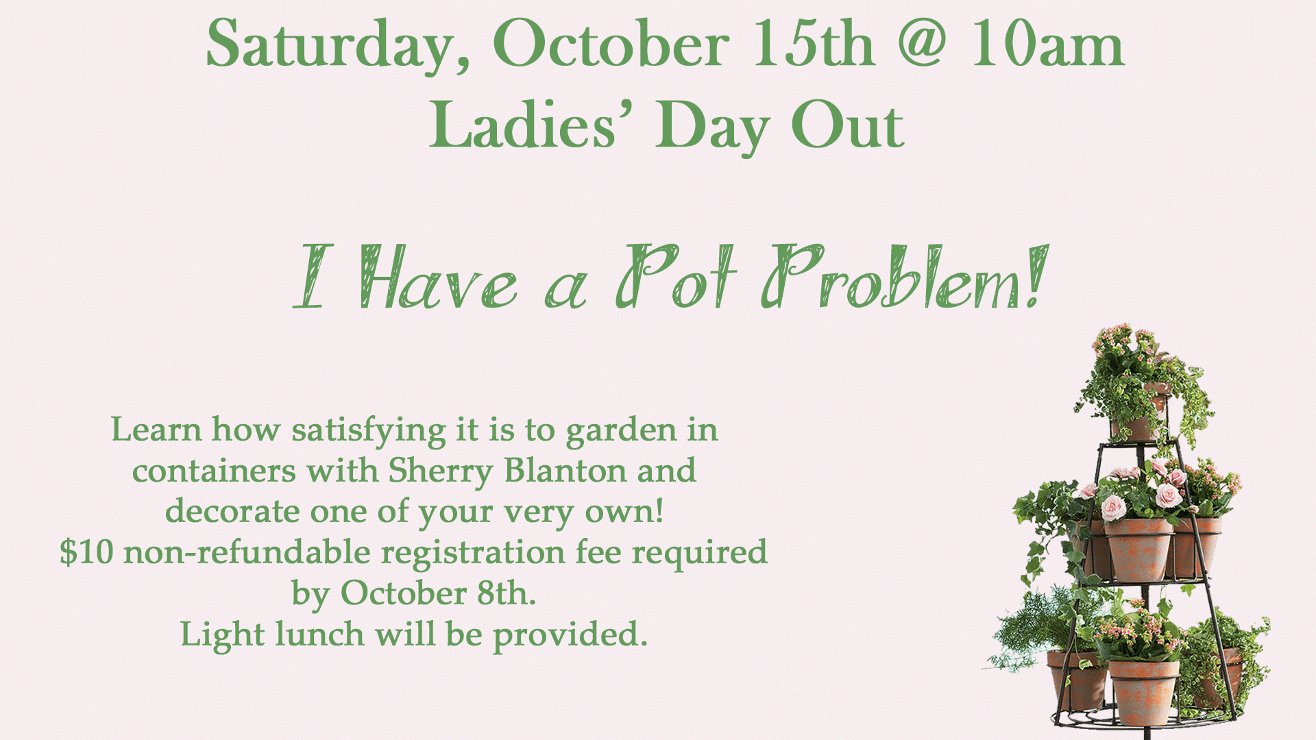 The next Ladies' Day Out is October 15th at 10am! $10 non-refundable registration fee is due by October 8th.